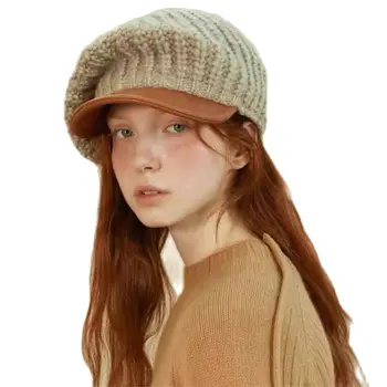Есенна мода мешковатая дамски памучен вязаная осмоъгълна шапка Ins, лоскутная шапка за почивка за момичета, шапка на художник gorros