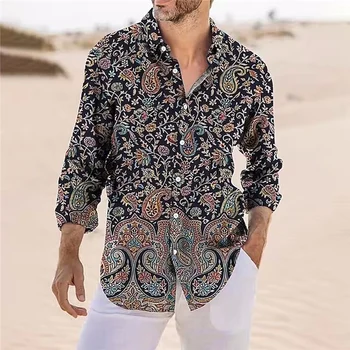 Модерен ризи за мъже, ежедневни риза оверсайз, блузи с дълъг ръкав и копчета, с градина принтом, мъжки дрехи, празничен жилетка, риза Homme
