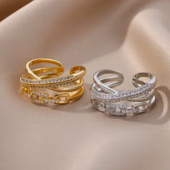 Пръстени за жени, популярни аксесоари, бижута с покритие от 18-каратово злато, кристали, цирконий, украса за отпечатъци, естетически пръстен за отношение в стил на веригата
