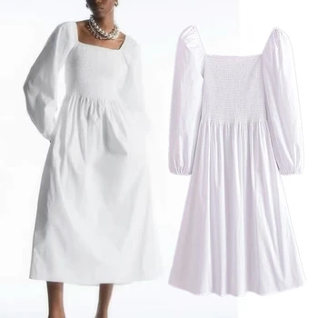 Увядшее френското модно проста бяла рокля макси с квадратни деколтета, секси елегантна лятна рокля от чист памук, за партита, жена