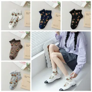 Кристални копринени чорапи с флорални елемент, антифрикционные, абсорбиращи потта чорапи с цветна бродерия, ултра-тънки от средната част