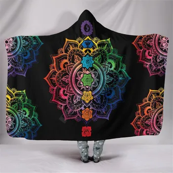 Цветна одеало с качулка с 3D принтом Чакра Мандала за възрастни, цветен детско шерп-флисовое носимое одеяло спално бельо от микрофибър