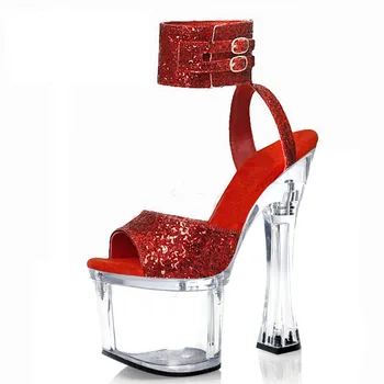 Пикантни обувки на много висок ток, 18 см, женски сандали с прозрачни кристали, обувки за булката с цветя, обувки за танци на един стълб в нощен клуб