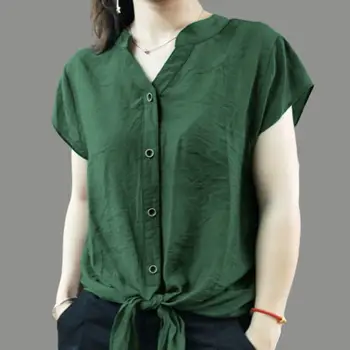 Модни однотонная свободна бандажная ежедневни тениска с V-образно деколте, потник 2023, нови летни блузи с къс ръкав за пътуване до работа