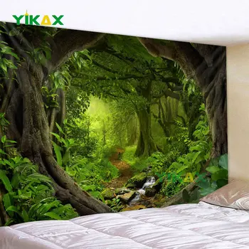 Гоблен от зелени джунгли, естествена гора, голям стенен декор за дома, естетични аксесоари за украса на стаята, стенни гоблени за спални