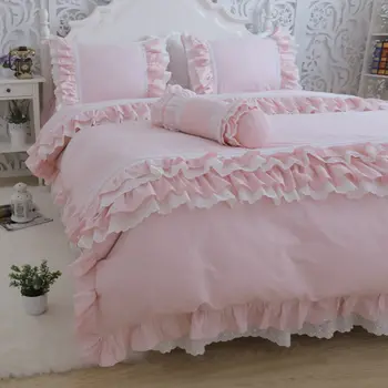 Невероятно луксозен комплект спално бельо розова кралица, завързана чаршаф с рюшами, покривка, пола, спално бельо принцеса, калъфка HM-010P