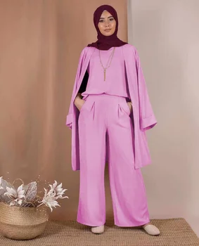 Муслиновый турски комплект от три елемента, модни блузи, панталони, жилетка, комплект за жени, свободни мюсюлманските панталони в Дубай, Ежедневни дамски дрехи, блузи