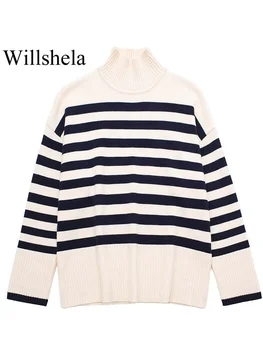 Willshela / Женски модерен нов шарени вязаный пуловер, пуловер, реколта женски шикозни блузи с дълъг ръкав и половинчатым висока яка