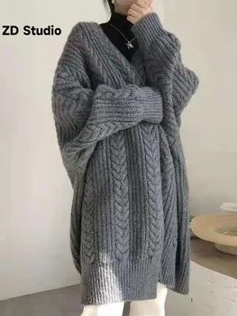 [ZD Studio] Есенно-зимния нов външен вязаный жилетка Прост сгъсти свободен обрат Дълъг женски пуловер, Палто дамско