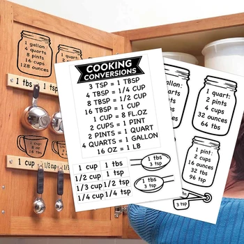 2 листа / пакет, таблица за реализация на кухненски мерни единици, етикети, мерителна чаша, лъжица, таблица за преобразуване на мерни единици, скала за готвене и печене