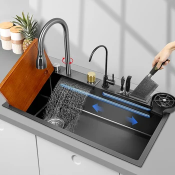 Кухненска мивка от неръждаема стомана, черна, голяма купа, многофункционален сензорен кран с дъждовно водопад, мивка за измиване на зеленчуци