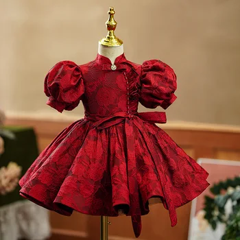 Рокля за момичета, висококачествено принцеса рокля за седмична давност за малки момичета, червена рокля с цветя модел за момичета в китайски стил, бебешки дрехи за изказвания, лято
