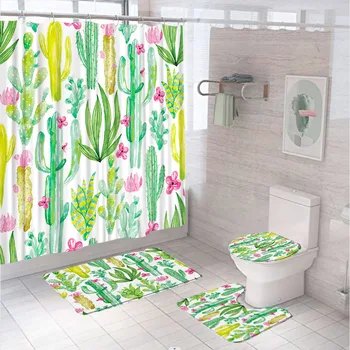 Комплекти завеса за душ с душ тип тропически растения кактус, акварел, розово цвете, завеси за баня, нескользящий мат, постелки за баня, капак на тоалетната чиния