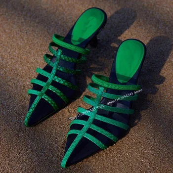 Зелени Кухи Чехли с Остри пръсти на Дебелите Плитък Ток; - Модерни Секси Летни Дамски Обувки в Нов Стил 2023 г.; Zapatillas Mujer