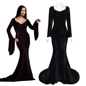 Disfraz de Cosplay de Morticia para mujer, peluca negra Секси ajustada, vestido de noche de fiesta para Хелоуин y Carnaval