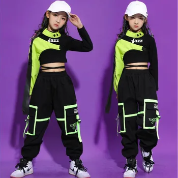 Детска бальная облекло в стил хип-хоп, съкратен най-hoody, градинска дрехи, тактически панталони-карго за момичета, дрехи за джаз танци