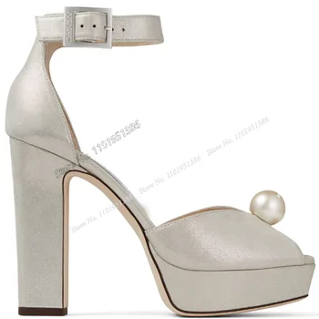 Сребристи Обикновена Сандали на платформа с Перлата Интериор, Дамски Обувки на Висок Ток с Отворени пръсти, Сватбени обувки на Токчета 2023, Zapatillas Mujer