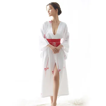 Бяло дълго забавно кимоно в японски стил, костюми от аниме за cosplay, секси бельо, традиционно кумоно, жилетка, юката, дрехи гейша, азиатски