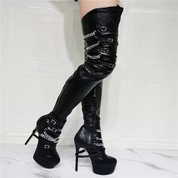 Черни обувки на платформа с веригата и интериор, с цип, до бедрата, модни секси дамски обувки за новия стил, лято 2023, Zapatillas Mujer