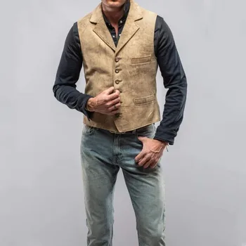Мъжки костюм с ревери, однобортная замшевая яке без ръкави в стил steampunk, ретро-denim стилни ежедневни жилетка в стил Уестърн 2023