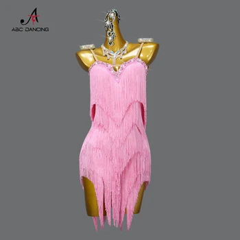 Ново професионално розова рокля за латино танци за възрастни жени, дрехи за балет партита с ресни по поръчка костюм за практикуване на салса