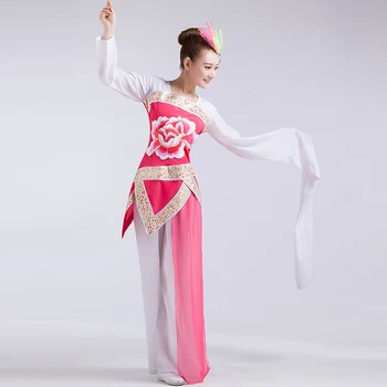 (0165) жена розов / бял танц с колело, класически танцови костюми с дълги ръкави, костюм на фея с поетична печат с мастило
