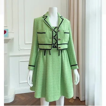 2023 Пролетта и есента луксозни дамски висококачествени зелени твидовые якета Елегантно късо палто B756