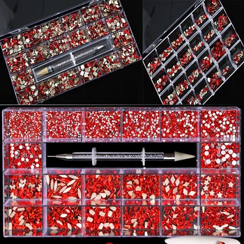 1 Кутия (480/2000/8000 бр) Червени Кристали за нокти, Кристални Висулки, с фиксирана облегалка, Декорации за маникюр, Нийл арт, Китайски Червени Скъпоценни Камъни #7 Модел