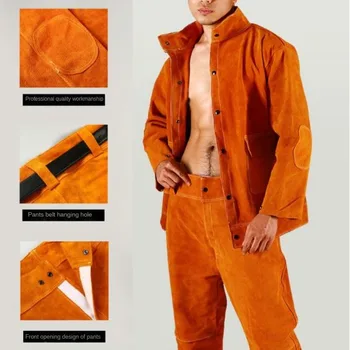 Электросварной престилка от телешка кожа, защитно облекло заварчик, огнезащитни защитен костюм за заваръчни работи, комплект topa и панталони