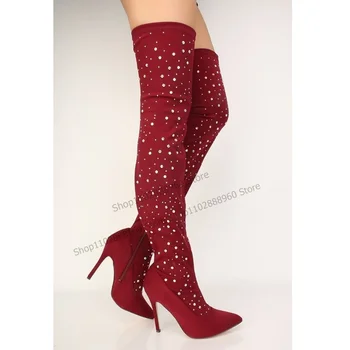 Ботуши над Коляното От Червено Флока с декорация във формата на Кристали, Дамски Обувки На Висок ток на висок ток Със страничен цип и остри пръсти, 2023, Zapatos Para Mujere