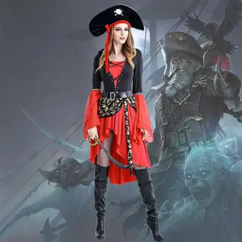 Цветен косплеерский пиратски костюм за Хелоуин, женствена рокля за cosplay, необичайни рокли с дълъг ръкав, дамски pirate форма, празнична облекло