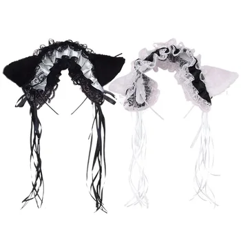 Готическа Лолита Мома дамски лейси превръзка на главата с волани, плюшени котешки уши, лентата камбанка, панделка за коса в стил Лолита 