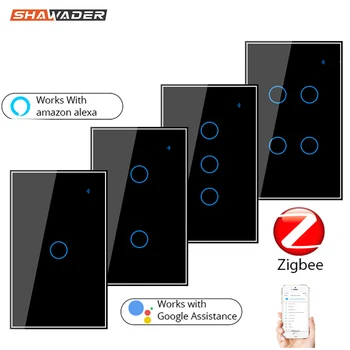 Zigbee Sasha Smart Life Touch US Стенен Прекъсвач светлина Правоъгълен Стъклен Панел 2/3 Начин Безжичен App Дистанционно Управление от Алекса Google Home