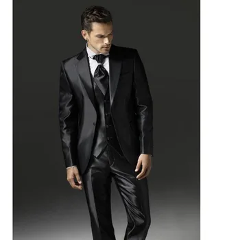 Най-новата мода, Черни Смокинги на Младоженеца в една пуговице, Мъжки Костюми за Булчински и абитуриентски костюми на Младоженеца (Яке + Панталон + Елек + Вратовръзка)