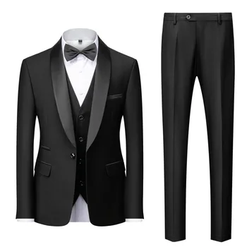 Голям Размер S-6XL, Мъжки костюм, Сватбената рокля на Булката, Комплект от 3 теми, Фини костюми с отворотами и шал, Черен, 12 цвята (Блейзър + жилетка + панталони)