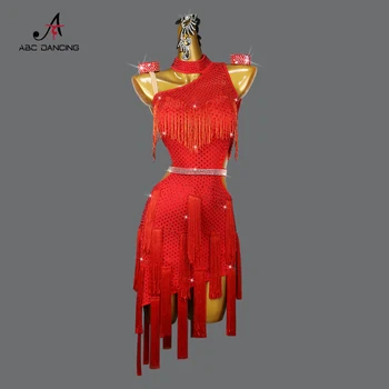Нова червена професионално облекло за състезания по латиноамерикански танци с пискюли, дрехи за занимания в балната зала, дамски секси къса пола за възрастни жени, Cha