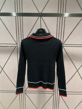 X34 2023 Есенно-зимния вязаный топ, тънък пуловер на райета, универсален поло пуловер с подплата, на бродирани пуговица контрастни цветове