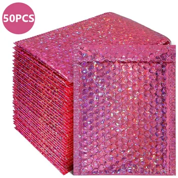 50 бр. балон пощенска машина, лазерни розово-червени пликове, мека пощенска поли-пощенска машина за опаковане на подарък, самоуплотняющаяся чанта за доставка, розова подплата