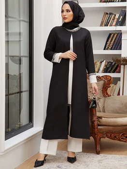 Женски костюм от три части, ислямска мода, хиджаб, облекло на новия сезон, благородна турска облекло в ивица с камъни