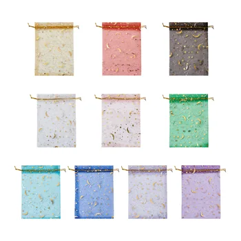 Pandahall 100 бр., цветни правоъгълни подаръчни торбички от органза с принтом звездите и луната върху съвсем малък за партита, чанти за бонбони и бижута