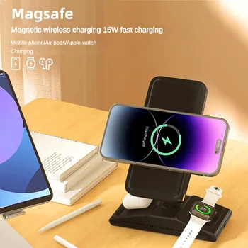 Безжична магнитна поставка за зарядно устройство 3 в 1 Macsafe за iPhone 14 13 12 Pro Max, индукционная станция за бързо зареждане на Apple Watch Airpods