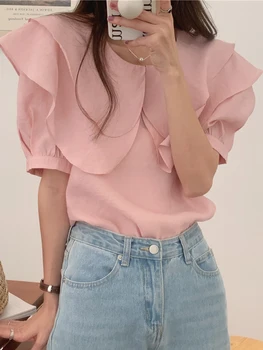 Blusas De Verano Mujer 2023 Лятна Розова Блуза, С Къс Ръкав, Дамски Свободна Риза, Върховете В Корейски Стил, Модни Дамски Дрехи