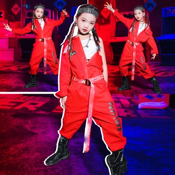 Детски танцови костюми в стил хип-хоп за деца, червен анцуг, дрехи за улични танци, етап костюми за джаз танци DN9722