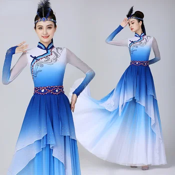 Монголски Танцов Костюм В Китайския Етнически Стил Костюми за възрастни малцинства Рокля Тибетски Танц Костюм Практика Пола Представа
