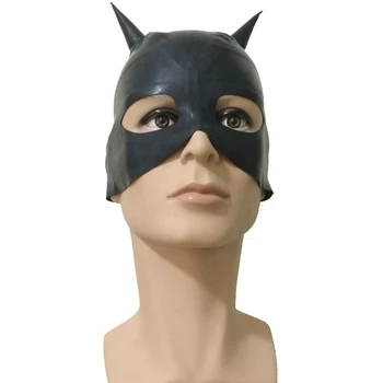 Жените и Мъжете Секси латексный качулка на жената-котка гума фетиш-маска с малки рога костюми, ръчно изработени S-LM073